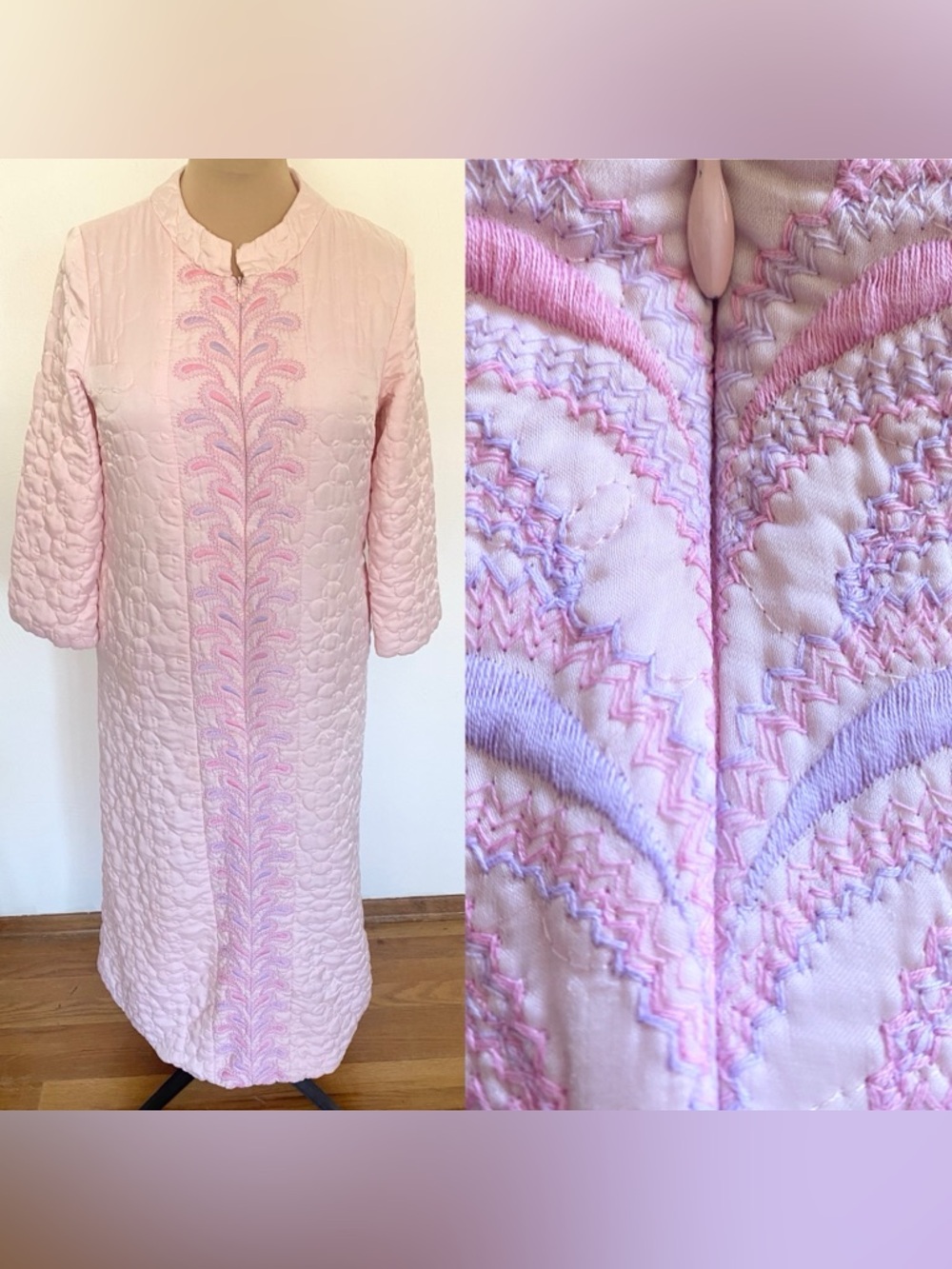 Vintage 60s Quilted Bathrobe *Small* PINK Embroidered Caftan Nylon Pullover Robe